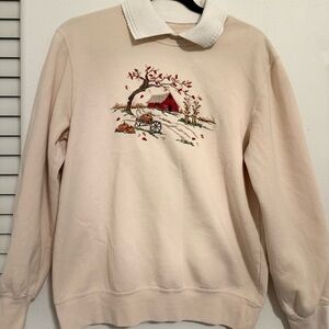 Vintage Cream Sweatshirt with Embroidered Barn Scene